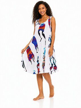 Women’s White African Print Sleeveless Swing Dress 100% Cotton One Size Fit All